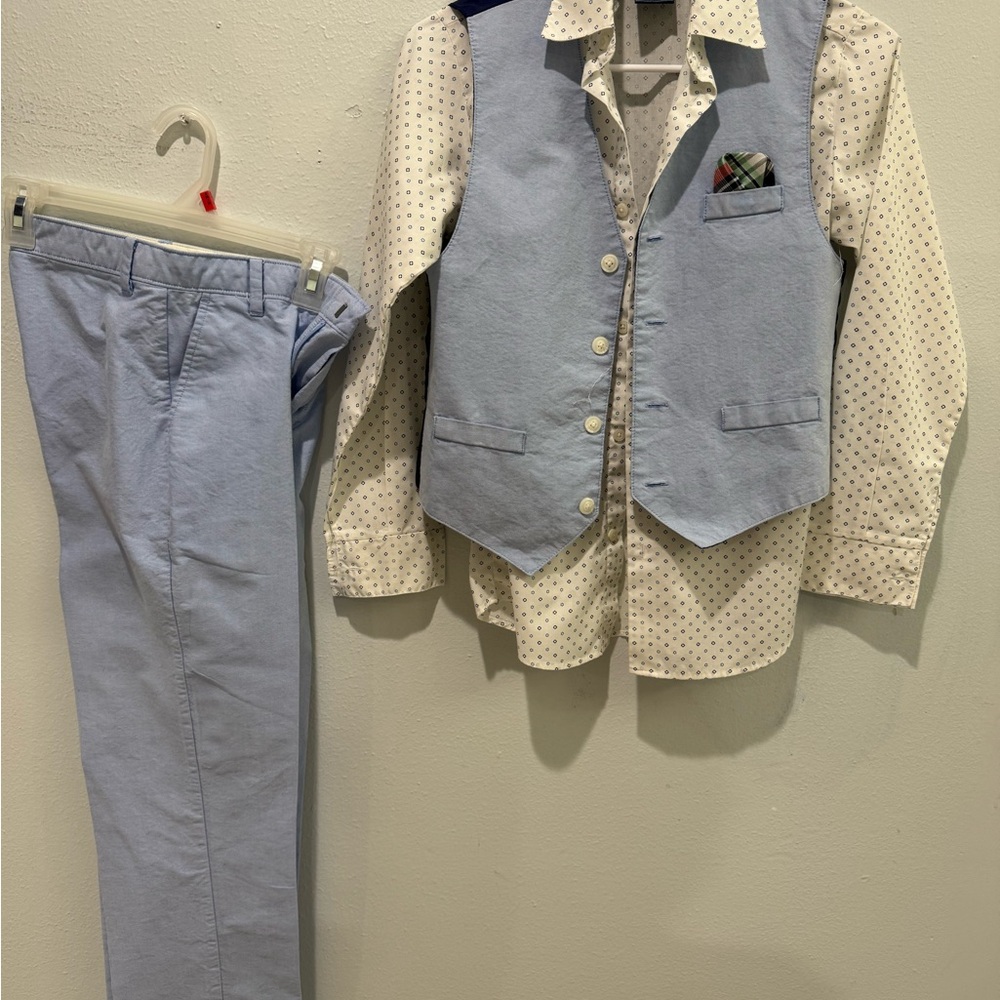 Nautical Boy’s Light Blue Vest and Pants Set with Polka Dot Shirt